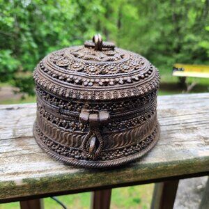 Vintage Indian Brass Decorative Trinket Box With Jali Work And Intricate Floral
